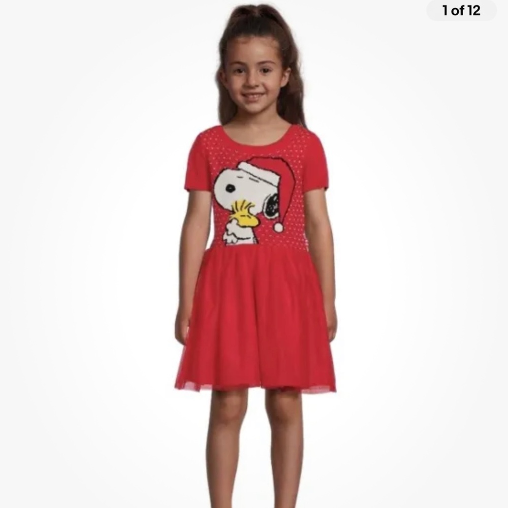 Peanuts Girls Snoopy Holiday Puff Sleeve Red Dress Size Small (6/6X) NEW